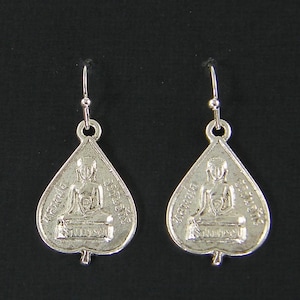 Silver Buddha Earrings, Silver Sitting Buddha Charm Earrings, Lotus Leaf Zen Ohm Earrings Meditation Harmony Dangle PIERCED Earrings |EC2-24