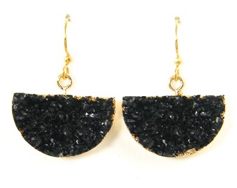 Black Druzy Earrings, Simple Black Gold Faux Gemstone Half Circle Semicircle Dangle Pierced Earrings |EC5-27