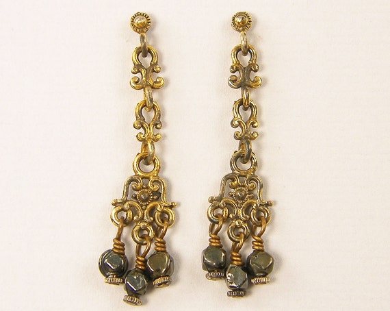 Black Gold Chandelier Earrings Oxidized Dangle Image 0
