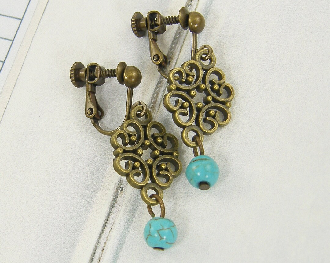 Turquoise Drop Clip on Earrings, Turquoise Dangle Clip Earrings, Ornate