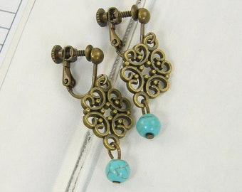 Turquoise Drop Clip on Earrings, Turquoise Dangle Clip Earrings, Ornate Blue Clip on Earrings |EC5-10