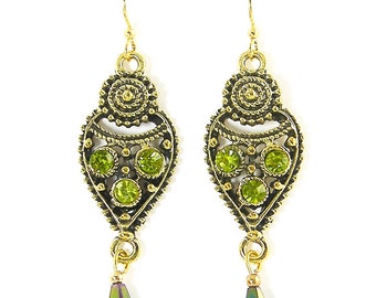 Olive Green Rhinestone Earrings, Long Ornate Green Gold Dangle PIERCED Earrings, Fancy Green Bead Drop Earrings |EC3-82