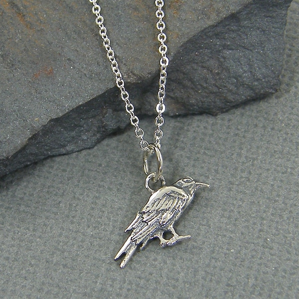 Raven Necklace, Sterling Silver Bird Necklace, Tiny Small Little Crow Raven Black Bird Charm Necklace |NS1-8