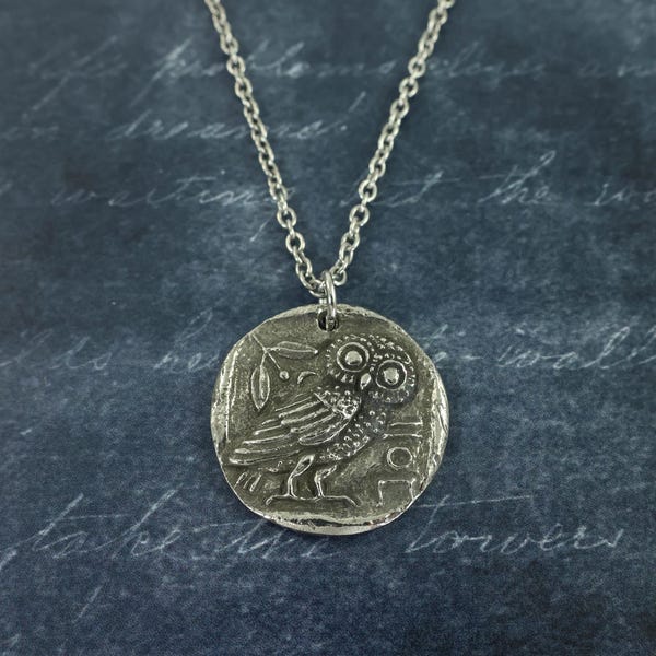 Silver Owl Pendant Necklace, Antique Pewter Bird Reversible Nature Jewelry, Athena's Owl Greek Mythology |GS1-28