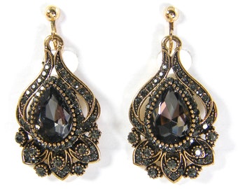 Dressy Black Gray Rhinestone Ornate Gold Teardrop Clip on Earrings, Party New Year's Eve Special Occassion Clip Earrings |EC1-15