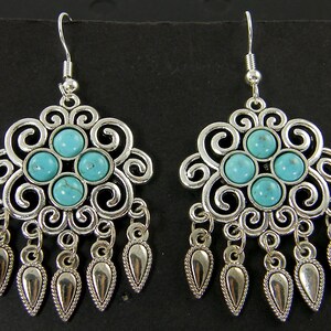 Silver Filigree Dangle Earrings with Turquoise Beads, Boho Teardrop Chandelier PIERCED Earrings |EC4-22