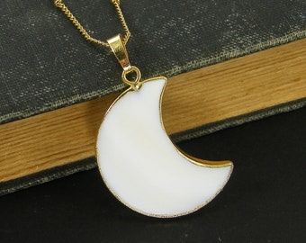 Crescent Moon Necklace, White Shell Mother of Pearl Gold Celestial Pendant Necklace, White Seashell Moon Phases Night Charm Necklace |NC5-6