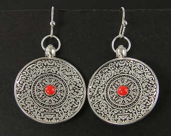 Mandala Earrings Silver, Boho Medallion PIERCED Earrings Red Silver Round Disc Bohemian Earrings Yoga Jewelry Gifts Hippie Earrings |EC3-44