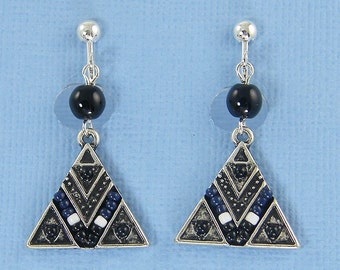 Black and White Clip on Earrings, Black Silver Geometric Beaded Triangle Earrings, Aztec Southwestern Style Clip Earrings |EC3-25