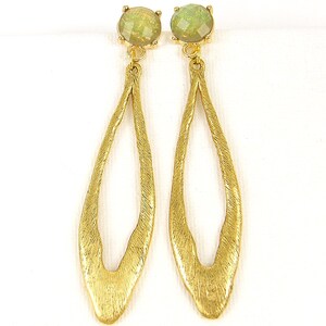 Long Gold Post Earrings, Green Earrings, Long Oval Earrings, Long Green Gold Earrings, Long Textured Green Dangle Pierced Earrings EC3-28 image 3
