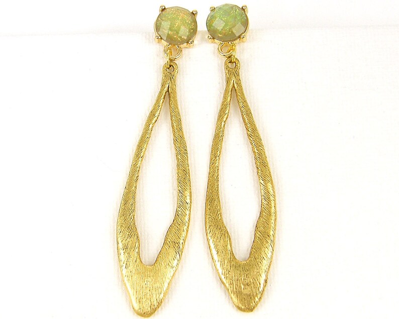 Long Gold Post Earrings, Green Earrings, Long Oval Earrings, Long Green Gold Earrings, Long Textured Green Dangle Pierced Earrings EC3-28 image 3