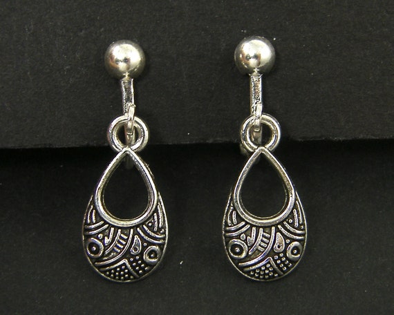 Tiny Silver Teardrop Clip on Earrings Small Petite Patterned