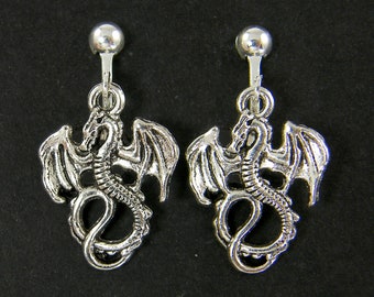 Small Silver Dragon Clip on Earrings, Short Fantasy Dragon Clipons Non Pierced Earrings Jewelry |EC5-32