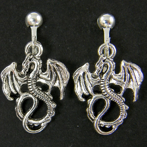 Small Silver Dragon Clip on Earrings, Short Fantasy Dragon Clipons Non Pierced Earrings Jewelry |EC5-32