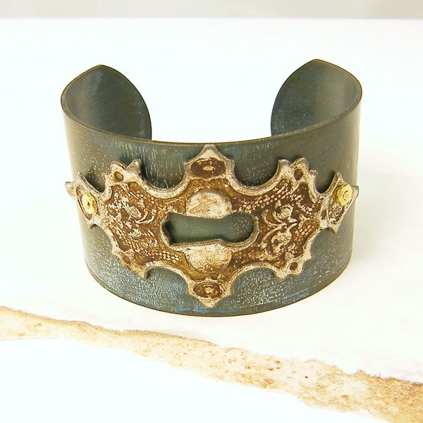 Eclectic Cuff Bracelet, Vintage Escutcheon Cuff Bracelet, Mixed Metal Cuff Bracelet