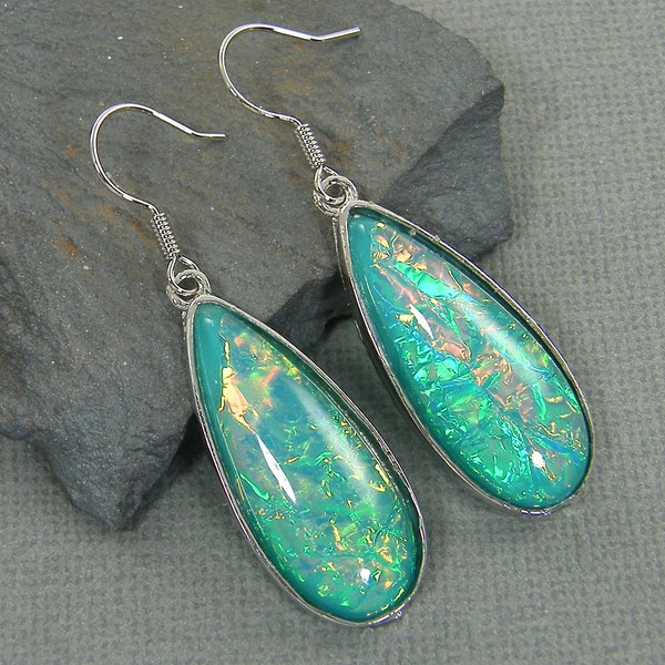 Aqua Silver Teardrop Earrings, Aqua Blue Luster Faux Dichroic Glass Sparkling Simple Modern PIERCED Earrings |EC5-15