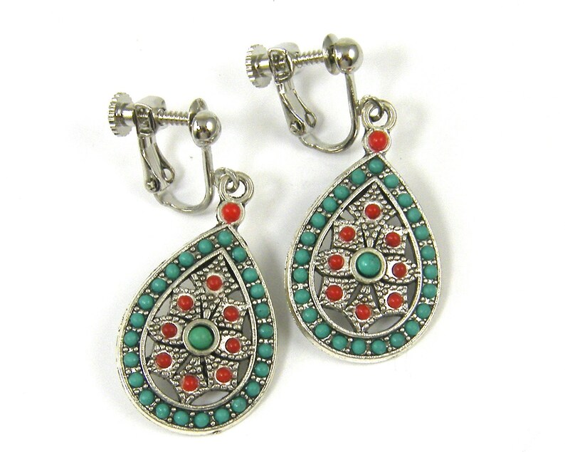 Turquoise Silver Clip Earrings Boho Turquoise Red Dangle Clip Etsy