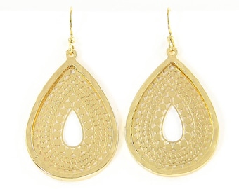 Gold Filigree Earrings, Ornate Gold Teardrop Earrings, Laser Cut Lacy Detailed Modern Everyday PIERCED Earrings |EC2-43