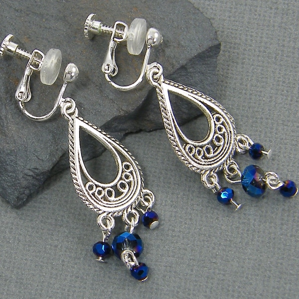 Blue Silver Chandelier Clip on Earrings, Filigree Teardrop Navy Dark Blue Silver Bead Dangle Clip Earrings with Screw Back |EC1-42