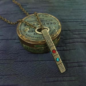 Tibetan Brass Pendant Necklace with Stone Inlay and Carved Symbols |NC1-30