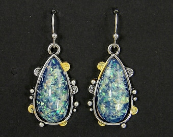 Black Opal Earrings Faux, Blue Green Mixed Metal Earrings, Silver Teardrop, Silver Gold Accents, Opalescent Dangle Pierced Earrings |EC1-35
