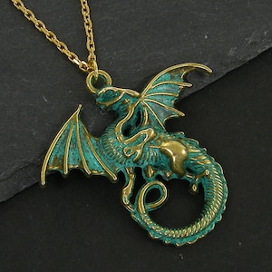 Dragon Necklace Gold, Brass Verdigris Green Dragon Pendant Necklace, Men's Women's Unisex Fantasy Jewelry for Him Her |NC2-34