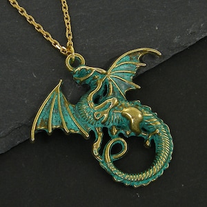 Dragon Necklace Gold, Brass Verdigris Green Dragon Pendant Necklace, Men&#39;s Women&#39;s Unisex Fantasy Jewelry for Him Her |NC2-34