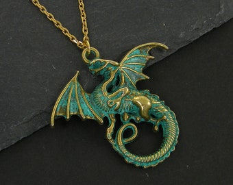 Dragon Necklace Gold, Brass Verdigris Green Dragon Pendant Necklace, Men's Women's Unisex Fantasy Jewelry for Him Her |NC2-34