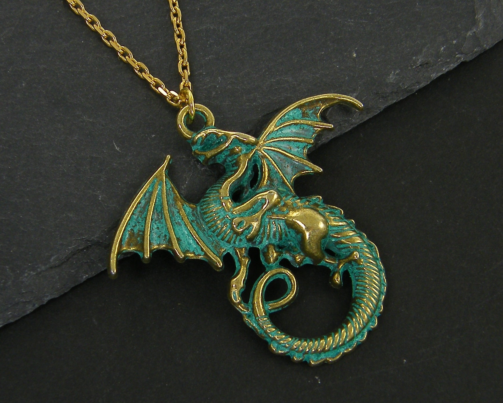 Dragon Necklace Gold Brass Verdigris Green Dragon Pendant Necklace Men s Women s Unisex Fantasy Jewelry for Him Her NC2 34 Etsy