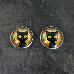 Small Black Cat Stud Earrings, Black Orange Halloween Jewelry, Pet Post Earrings, Gift for Girl Cat Lover |EC9-20