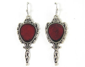 Dark Blood Red Antique Silver Earrings,PIERCED Ornate Scarlet Goth Gothic Victorian Dangle Mirror Vampire Fairy Tale Inspired |EC9-21