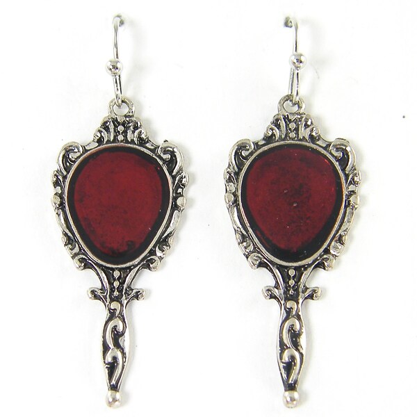 Dark Blood Red Antique Silver Earrings,PIERCED Ornate Scarlet Goth Gothic Victorian Dangle Mirror Vampire Fairy Tale Inspired |EC9-21