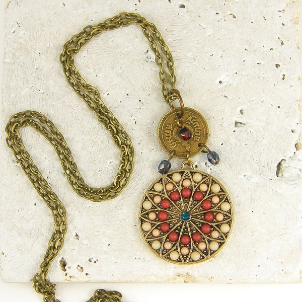 Boho Long Necklace, Colorful Necklace, Brass Medallion Necklace, Long Pendant Necklace, Red Turquoise Gold Necklace |NC1-18