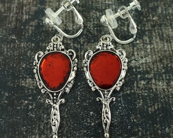 Dark Blood Red Antique Silver Clip on Earrings, Ornate Scarlet