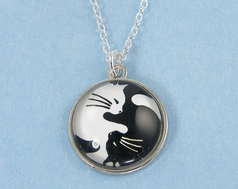 Black White Cat Necklace, Yin Yang Necklace, Silver Dangle Kitten Cat Lover's Gift, Crazy Cat Lady Charm Necklace |NC4-15