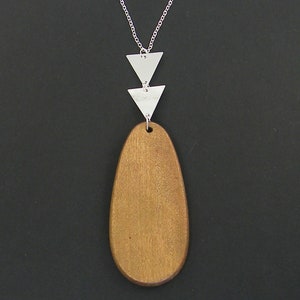 Brown Wood Necklace, Long Wood Teardrop Pendant Necklace, Brown Silver Triangle Charm Necklace, Minimalist Geometric Jewelry |NC2-33