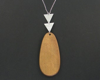 Brown Wood Necklace, Long Wood Teardrop Pendant Necklace, Brown Silver Triangle Charm Necklace, Minimalist Geometric Jewelry |NC2-33