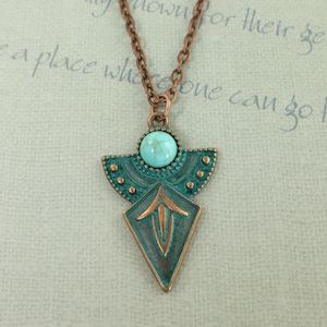 Copper Tribal Necklace with Verdigris Green Patina and Turquoise Color Stone, Geometric Boho Pendant |NC2-16