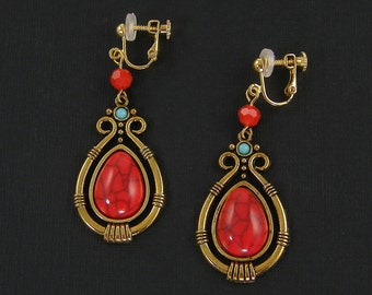 Red Clip on Earrings, Red Gold Boho Teardrop Tribal Clip Earrings with Screw Back |EC1-41