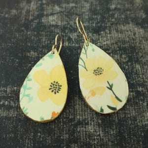 Yellow Floral Teardrop Earrings, Lightweight Wood PIERCED Earrings with Flower Art Paper and Paint, Spring Boho Botanical Jewelry |EC6-5