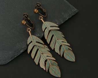 Long Copper Leaf Clip on Earrings, Verdigris Patina Green Botanical Plant Lover's Gift Boho Fern Frond Nature Inspired Clip Earrings |EC1-49