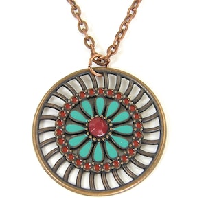 Bohemian Copper Medallion Pendant Necklace with Turquoise and Red Accents |NC1-54