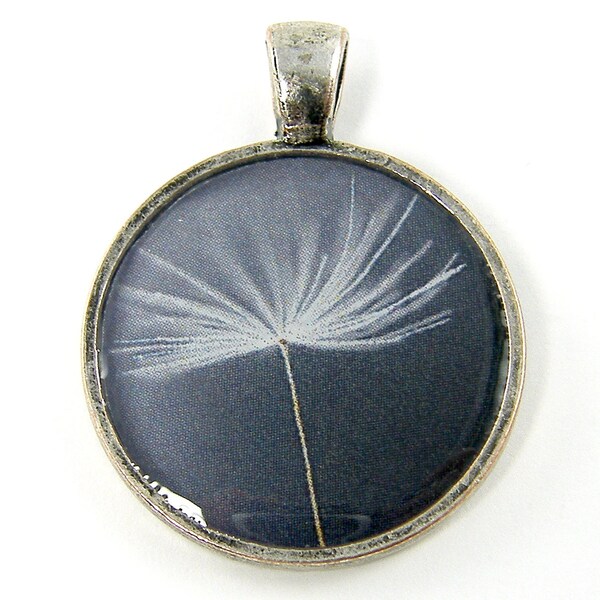 Dandelion Pendant - Fluffy Seed Gray White Silver Minimalist Round Photo Jewelry