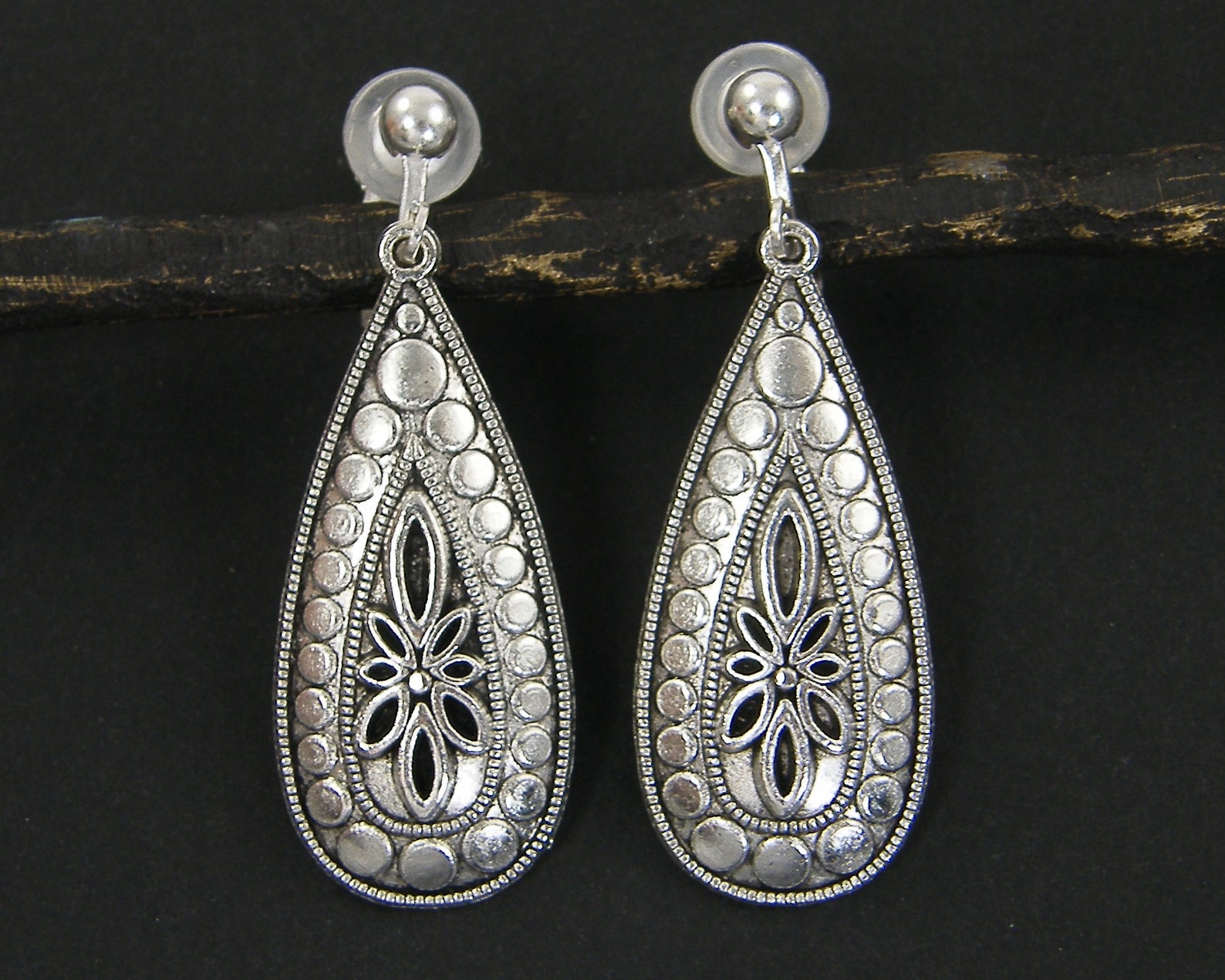 Silver Bohemian Clip on Earrings Antique Silver Boho Flower - Etsy