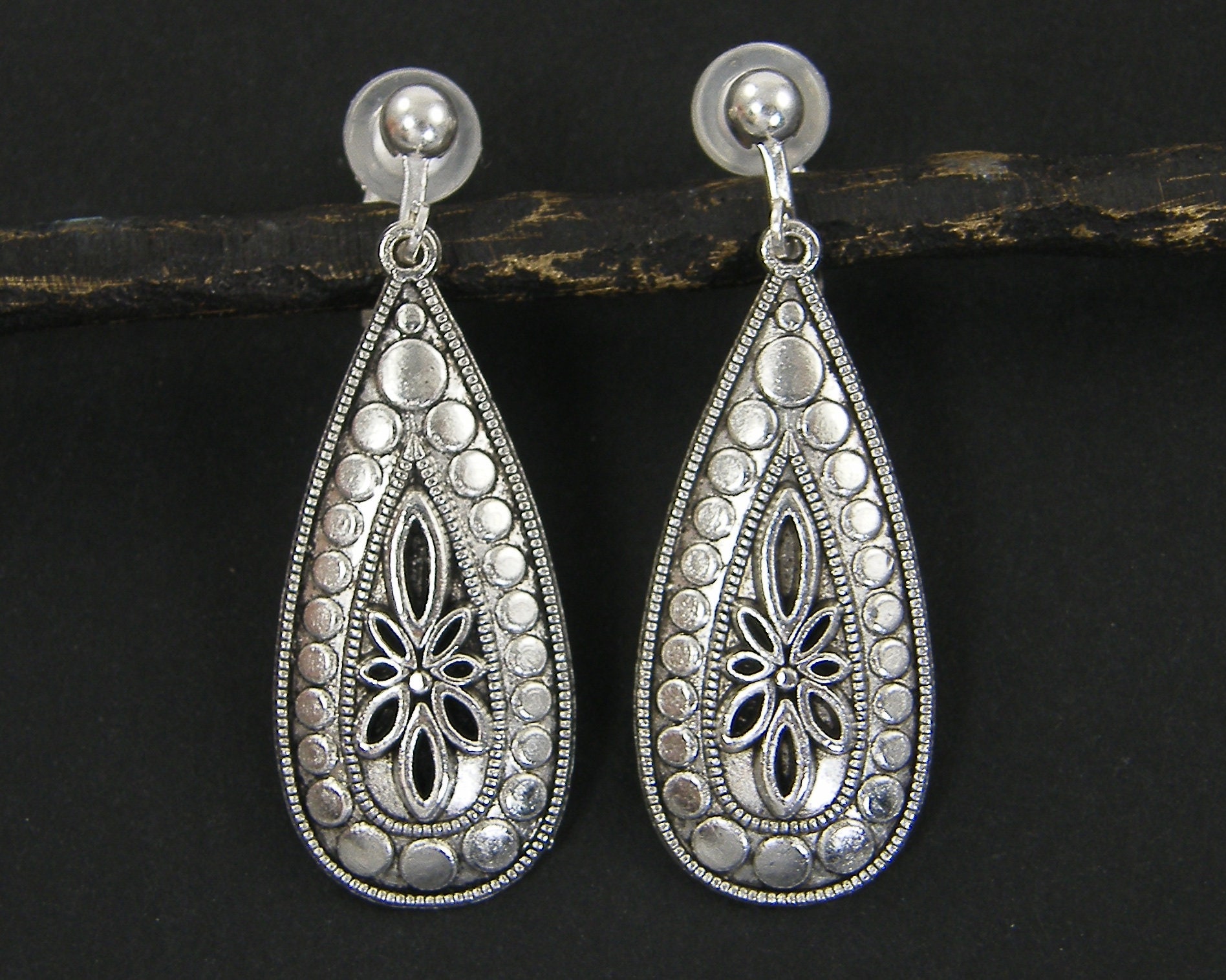 Silver Bohemian Clip on Earrings, Antique Silver Boho Flower Teardrop…
