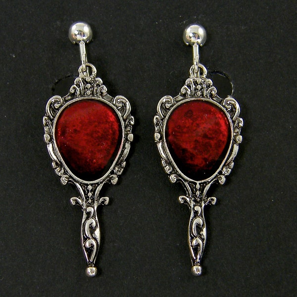 Dark Blood Red Antique Silver Clip on Earrings, Ornate Scarlet Goth Gothic Victorian Screw Dangle Mirror Vampire Fairy Tale Inspired |EC4-28