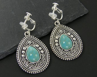 Turquoise Teardrop Clip on Earrings, Bohemian Boho Gypsy Silver Blue Stone Drop Southwestern Clip Earrings with Screw Back |EC7-2