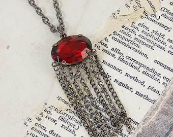 Red Rhinestone Necklace, Goth Garnet Pendant Necklace, Gunmetal Chain Tassel Charm Necklace, January Jewelry Gift |NC4-18