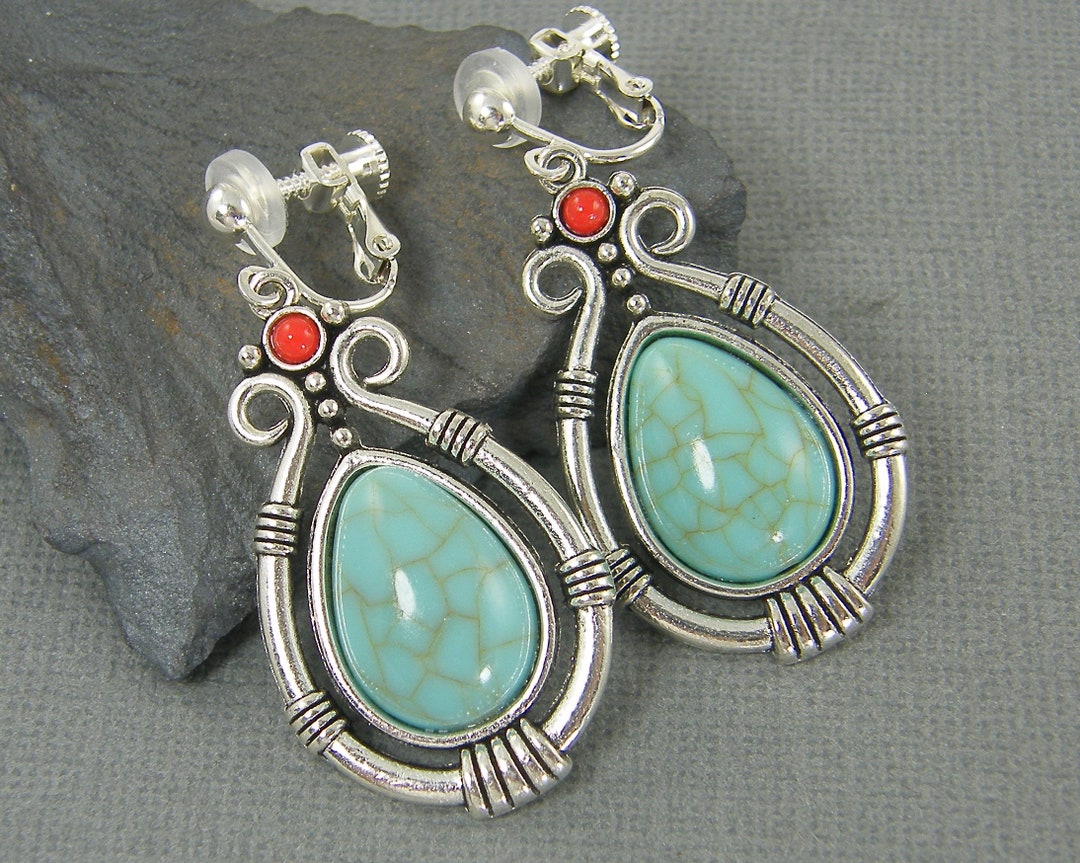 Turquoise Clip on Earrings Turquoise Silver Teardrop Tribal Etsy