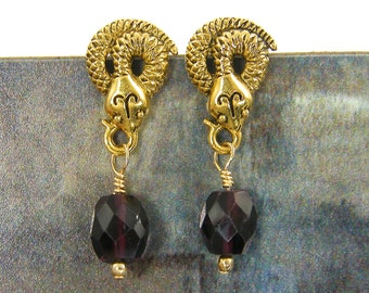 Snake Earrings Gold, Snake Stud Earrings, Garnet Gemstone January Birthstone Birthday Gift Serpent Post Earrings |EC9-20